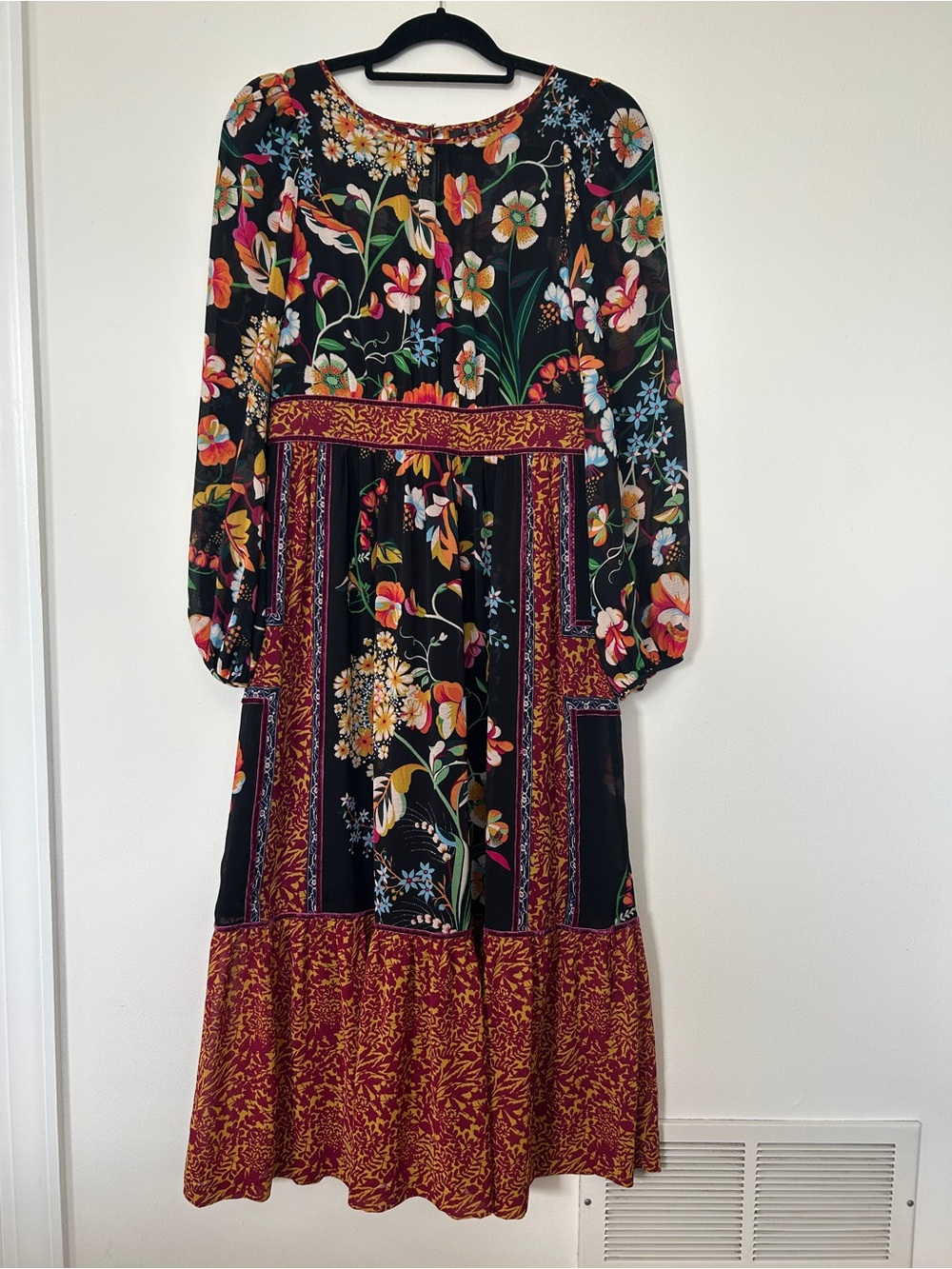 Anthropologie Black Floral Long Sleeve Maxi Dress with Maroon Border